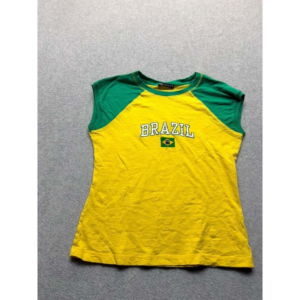 Zara Brazil Graphic Tank Top Yellow Green Sleeveless Ringer Tee Women Small